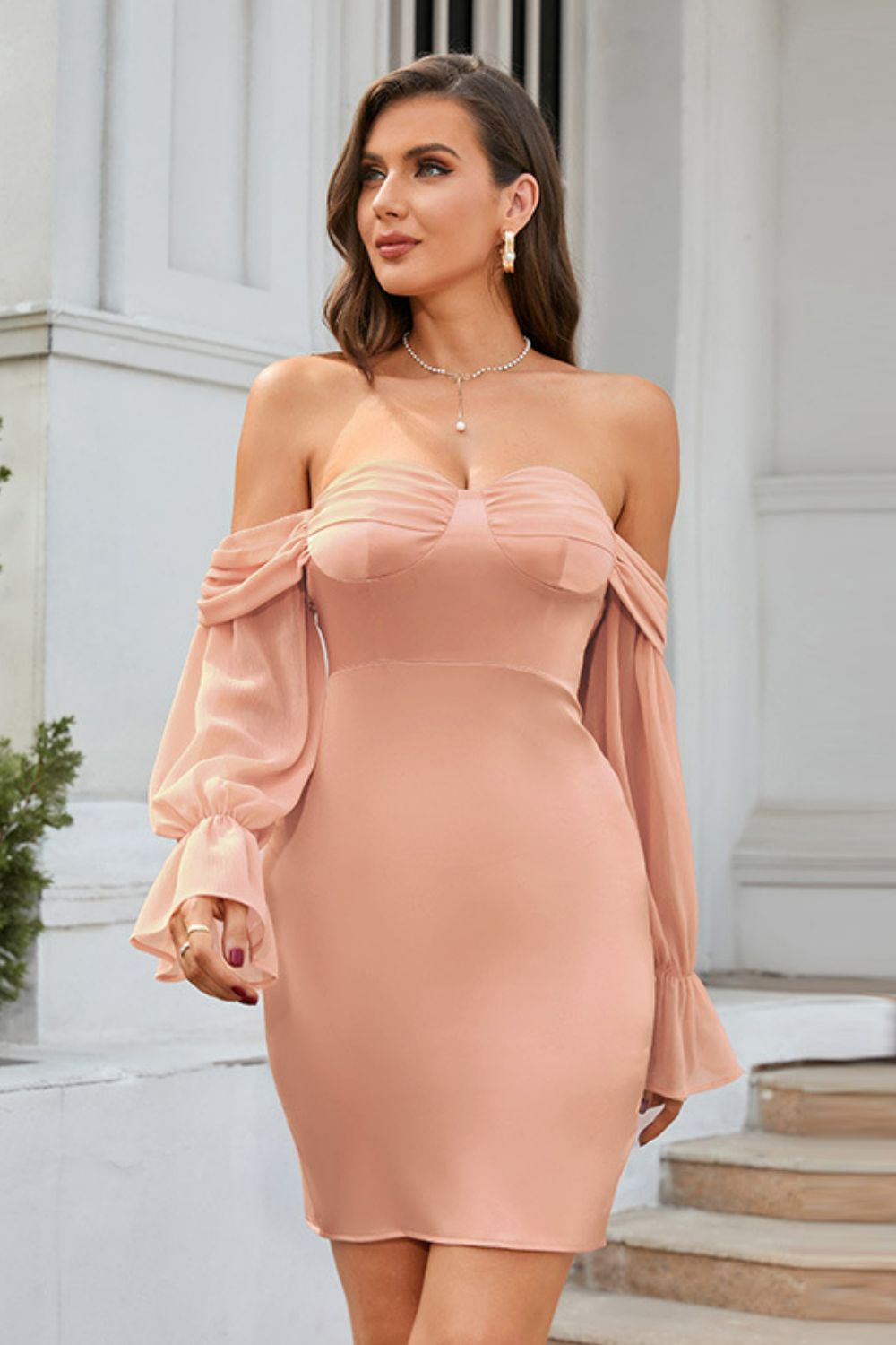 Off-Shoulder Flounce Sleeve Slit Dress