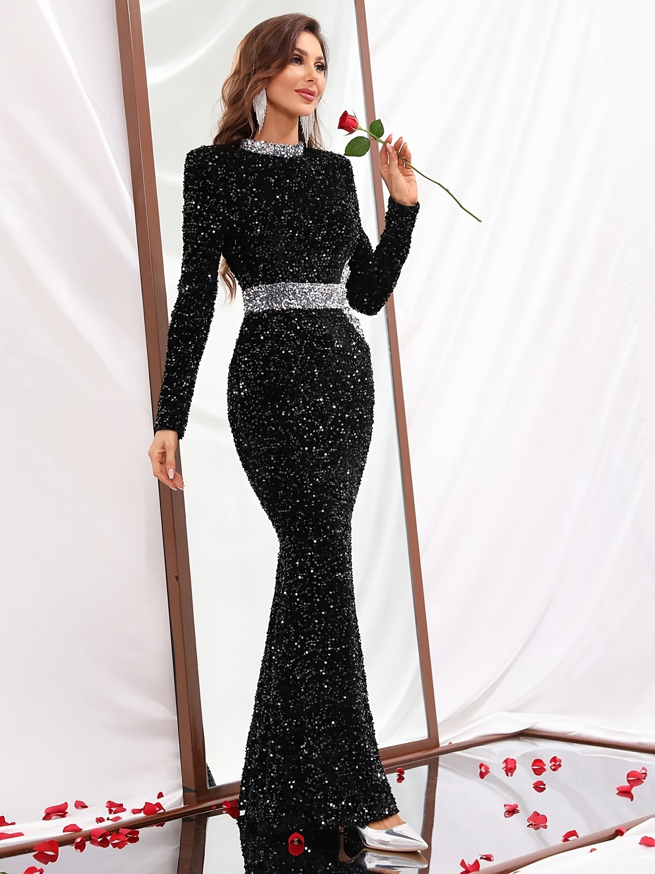 Sequin Round Neck Elegant Evening Dress, Long Sleeve Mermaid Dress, Prom Dress, Pageant Dress