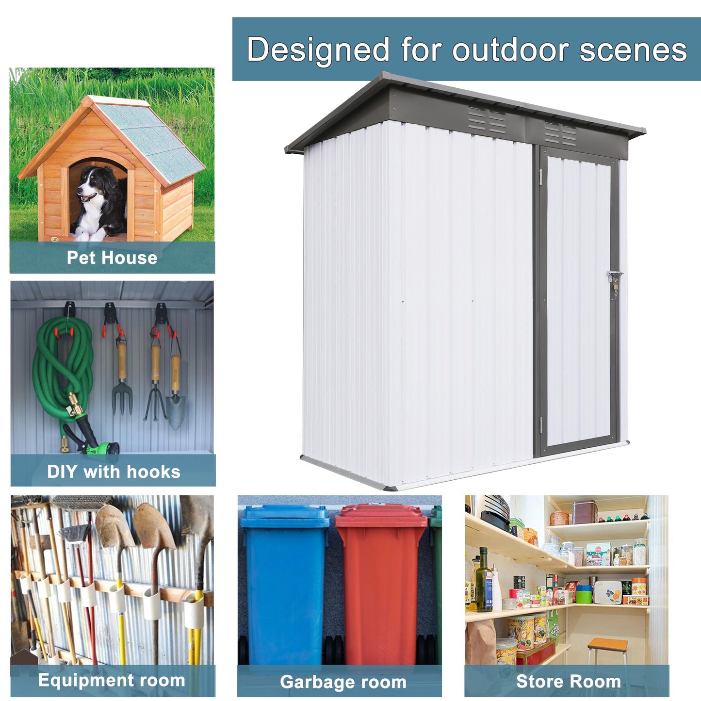 5 X 3 Ft Outdoor Storage Shed, Galvanized Metal Garden Shed With Lockable Doors, Tool Storage Shed