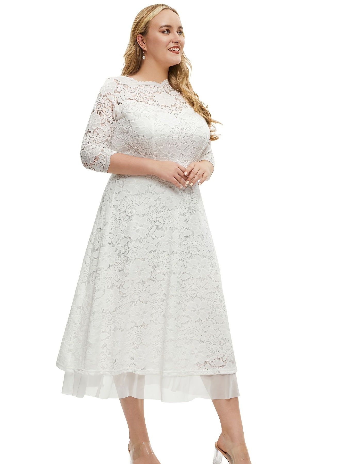 Plus Size Floral Print Contrast Mesh Half Sleeve Midi Dress, Women's Dress For Wedding