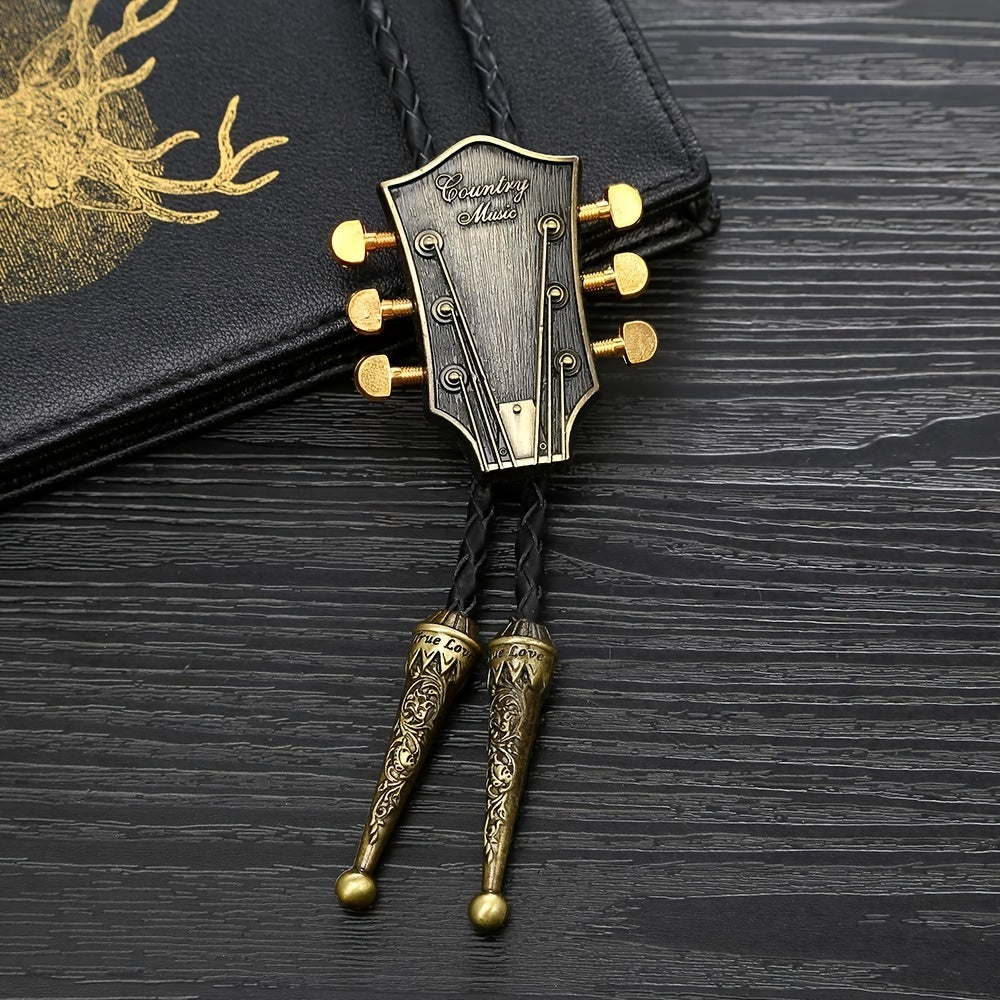 1pc Men's Bolo Tie Guitar Head, Copper And Silver Tie, Cowboy Western Rope Zinc Alloy Tie