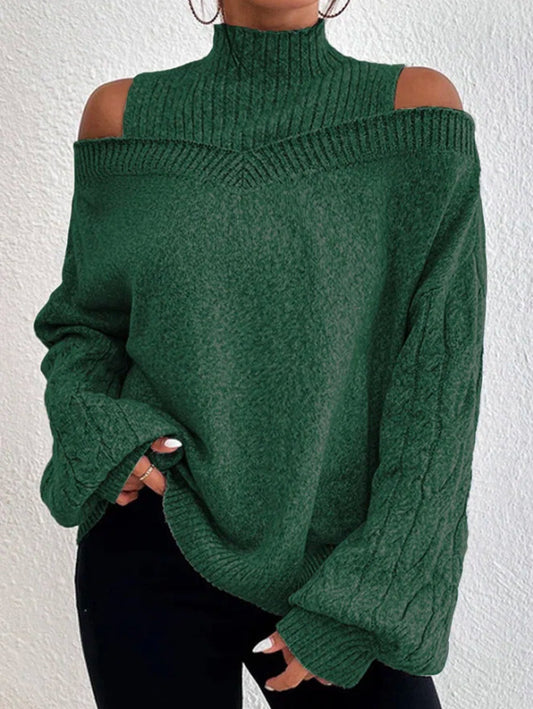 Women's Solid color turtleneck cut-out off-the-shoulder long-sleeved sweater