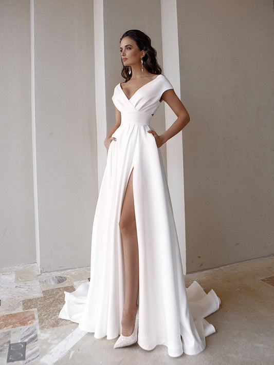 V-neck Solid White Wedding Dress