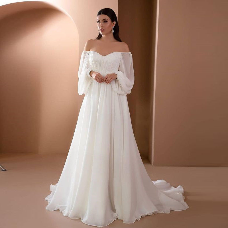 Off Shoulder Sheer Sleeved Wedding Dress