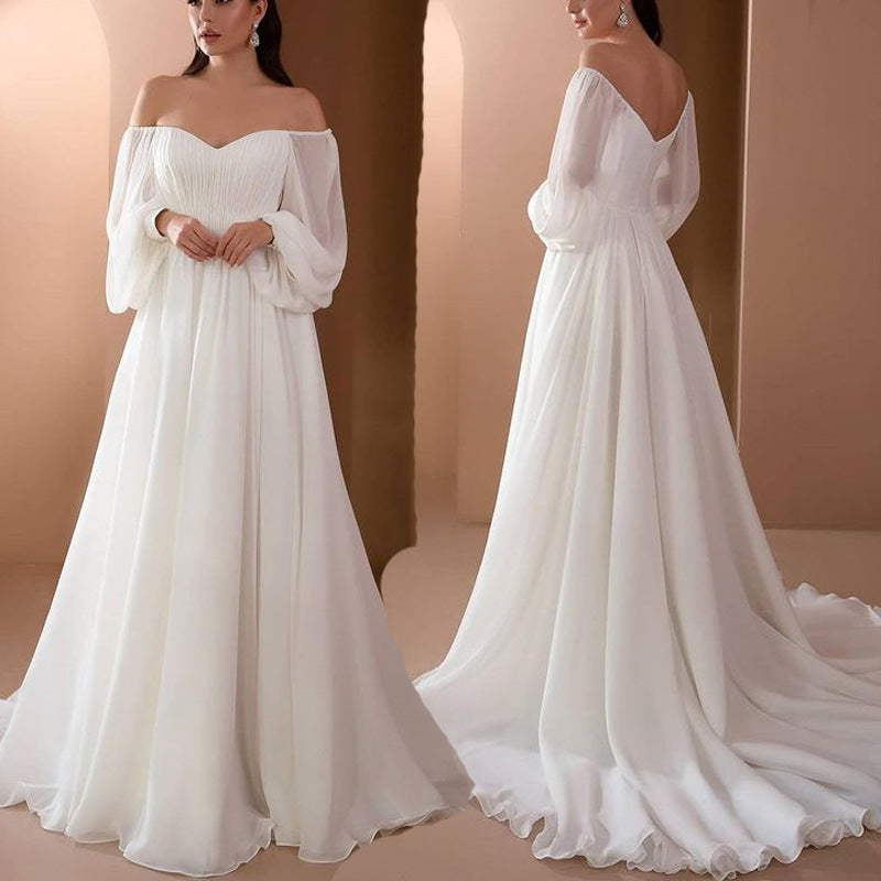 Off Shoulder Sheer Sleeved Wedding Dress