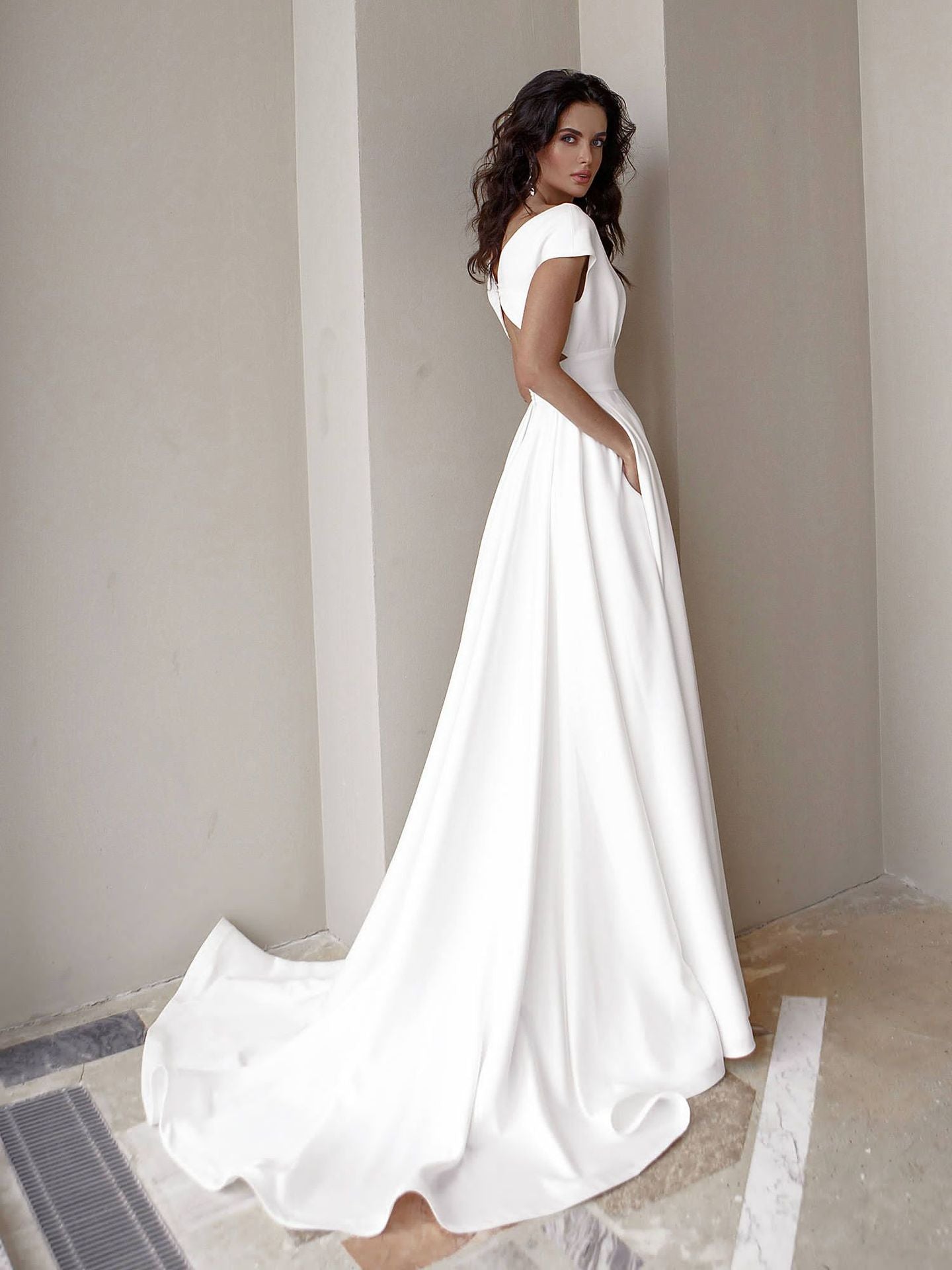 V-neck Solid White Wedding Dress