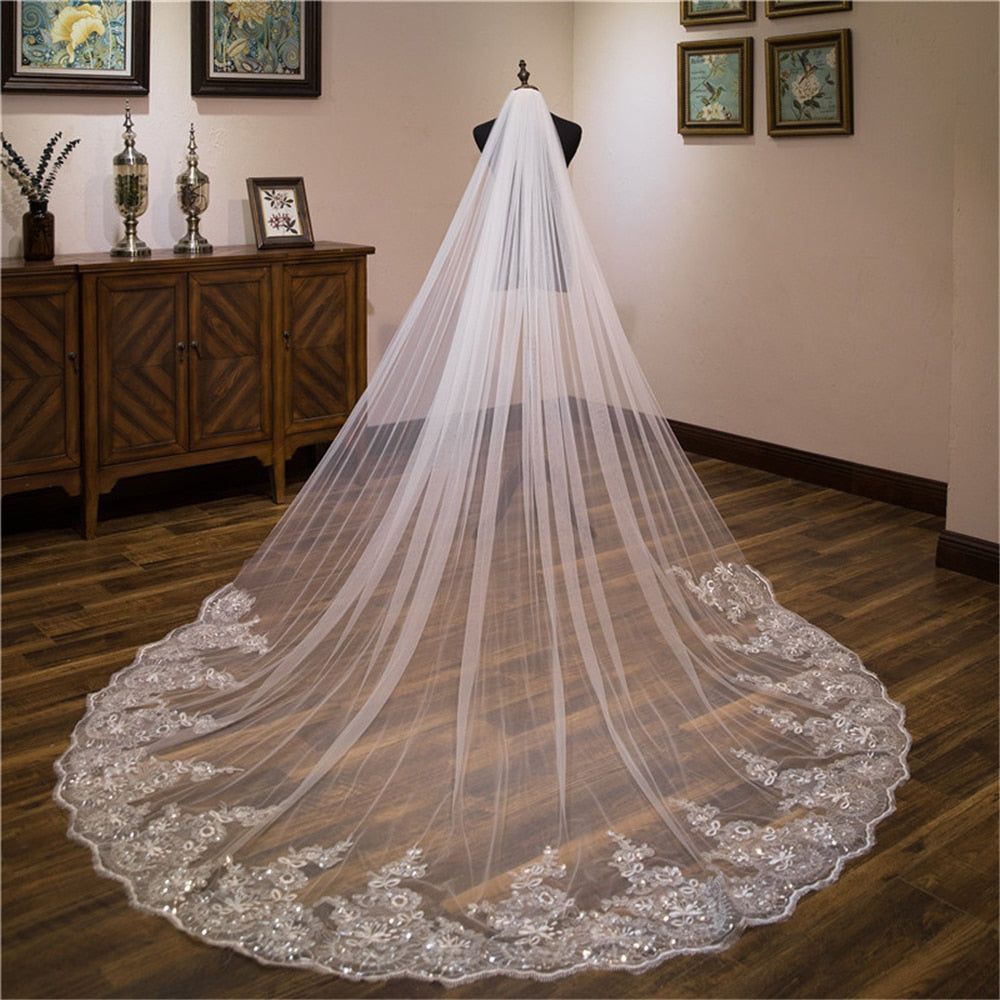 Wedding Veil Lace Edge Long Luxurious Bridal Veil Applique Sequins White/Ivory Veil With Comb Cathedral One-Layer 3Meters