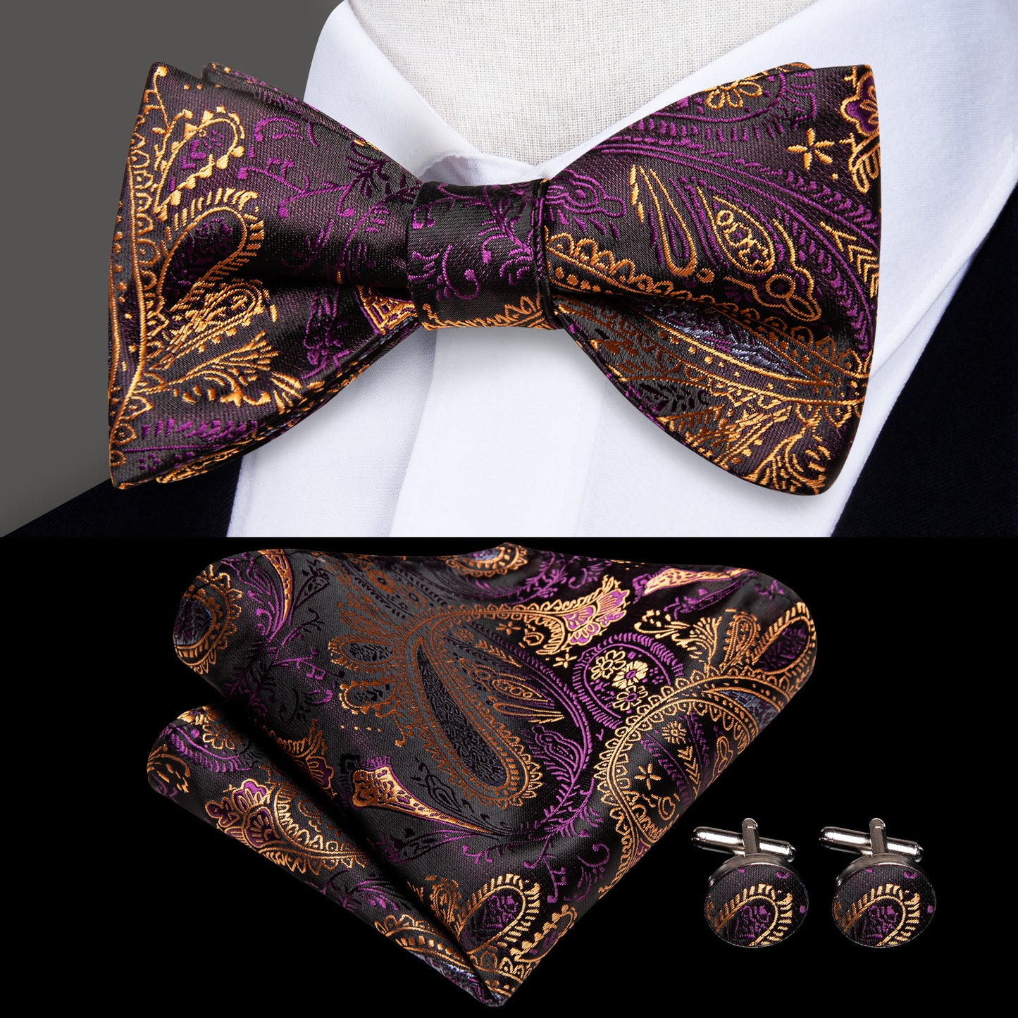 Men's Self Bow Ties Set Silk Necktie Bow Tie And Pocket Square Cufflinks Set Gift Box Packing