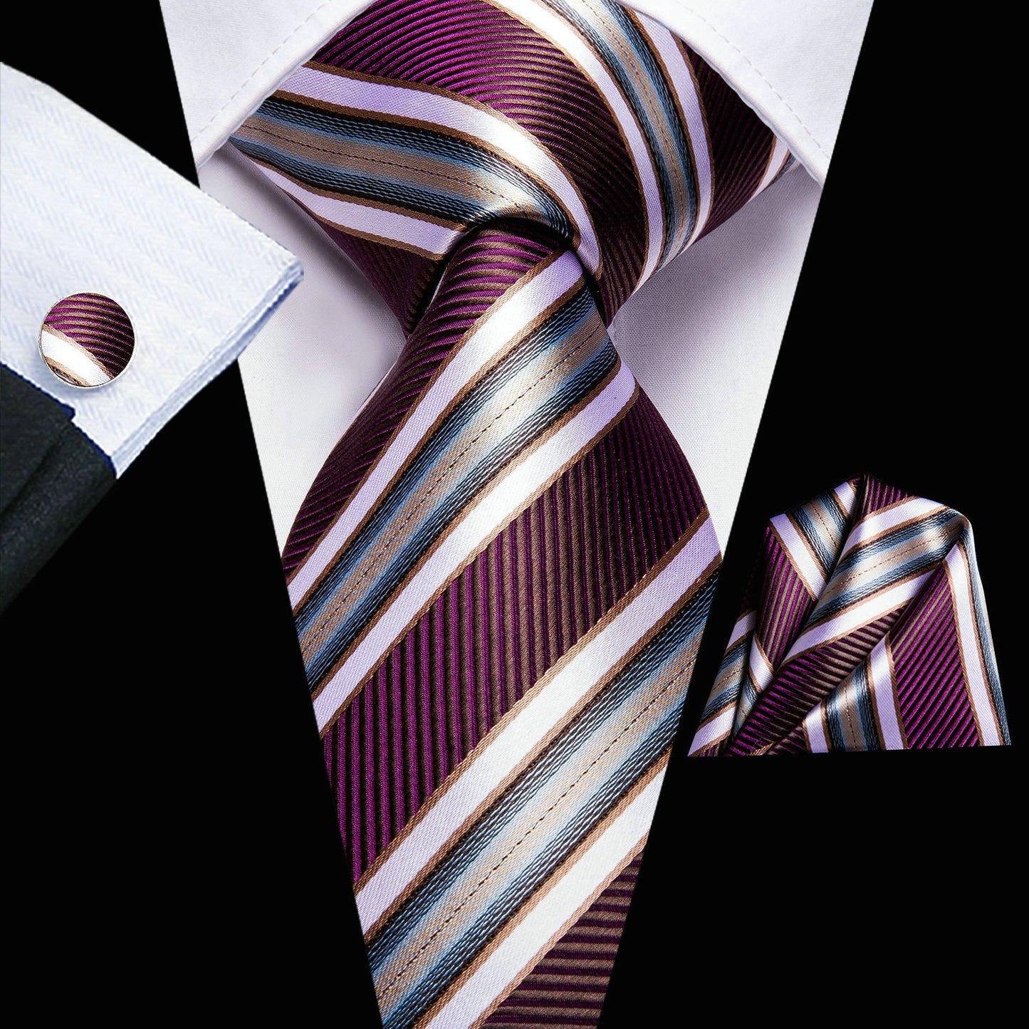 Men's Hi-Tie Classic Fashion Striped Necktie Set With Cufflinks