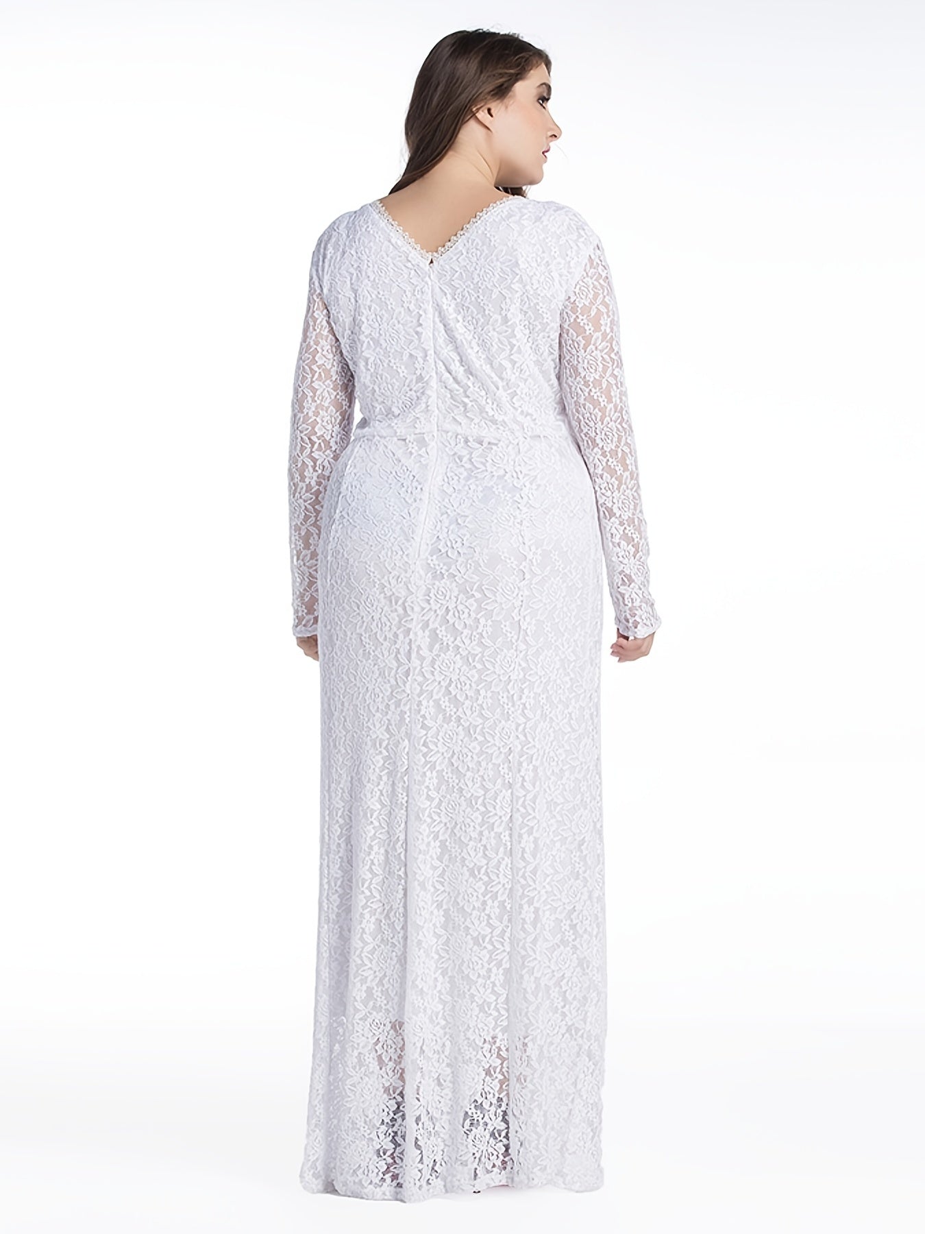 Plus Size Contrast Lace Round Neck Dress, Women's Plus Elegant Wedding Bridal Long Dress For Wedding