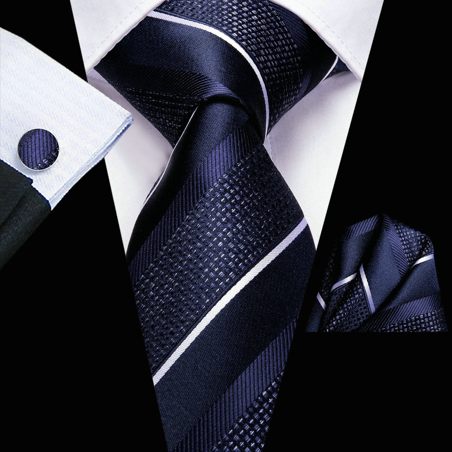 Men's Hi-Tie Classic Fashion Striped Necktie Set With Cufflinks