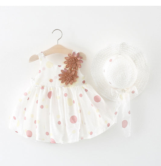 Polka Dot Floral Sleeveless Dress Sunhat Outfit