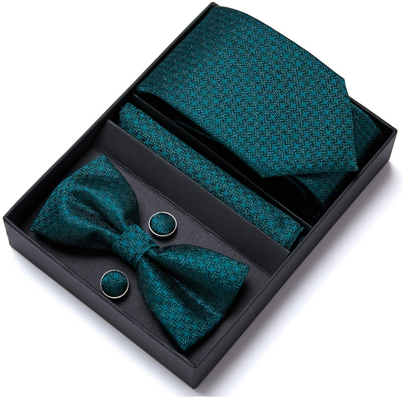 Men's Bow Tie Set Gift Box 6pcs/Set, The Set Includes Tie, Bow Tie, Square Scarf, Cufflinks, Black Gift Box, Green Series