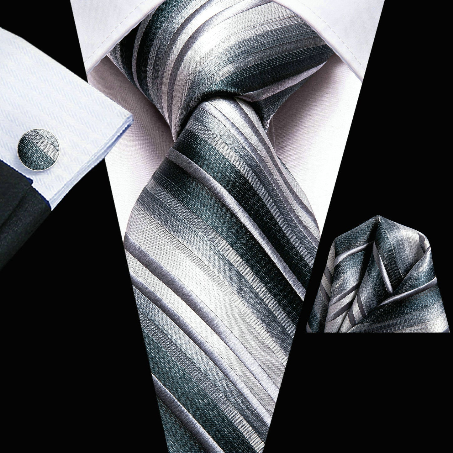 Men's Hi-Tie Classic Fashion Striped Necktie Set With Cufflinks