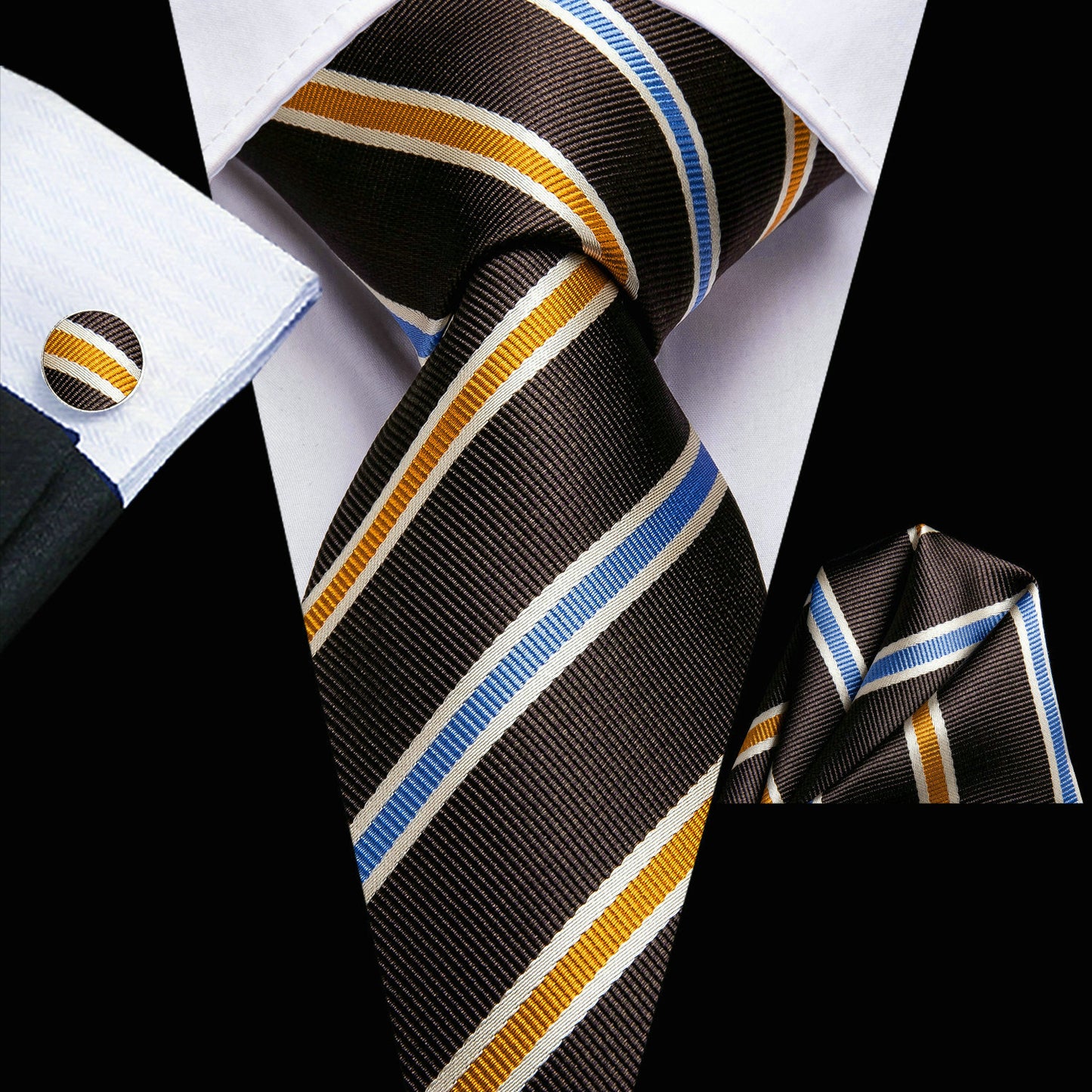 Men's Hi-Tie Classic Fashion Striped Necktie Set With Cufflinks