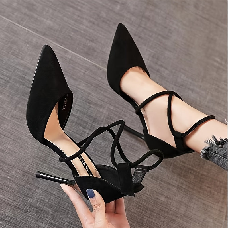 Women's Black Crisscross Strappy Pointed Toe Stiletto Heeled Shoes, Lace Up Wedding Pumps, Women's Footwear