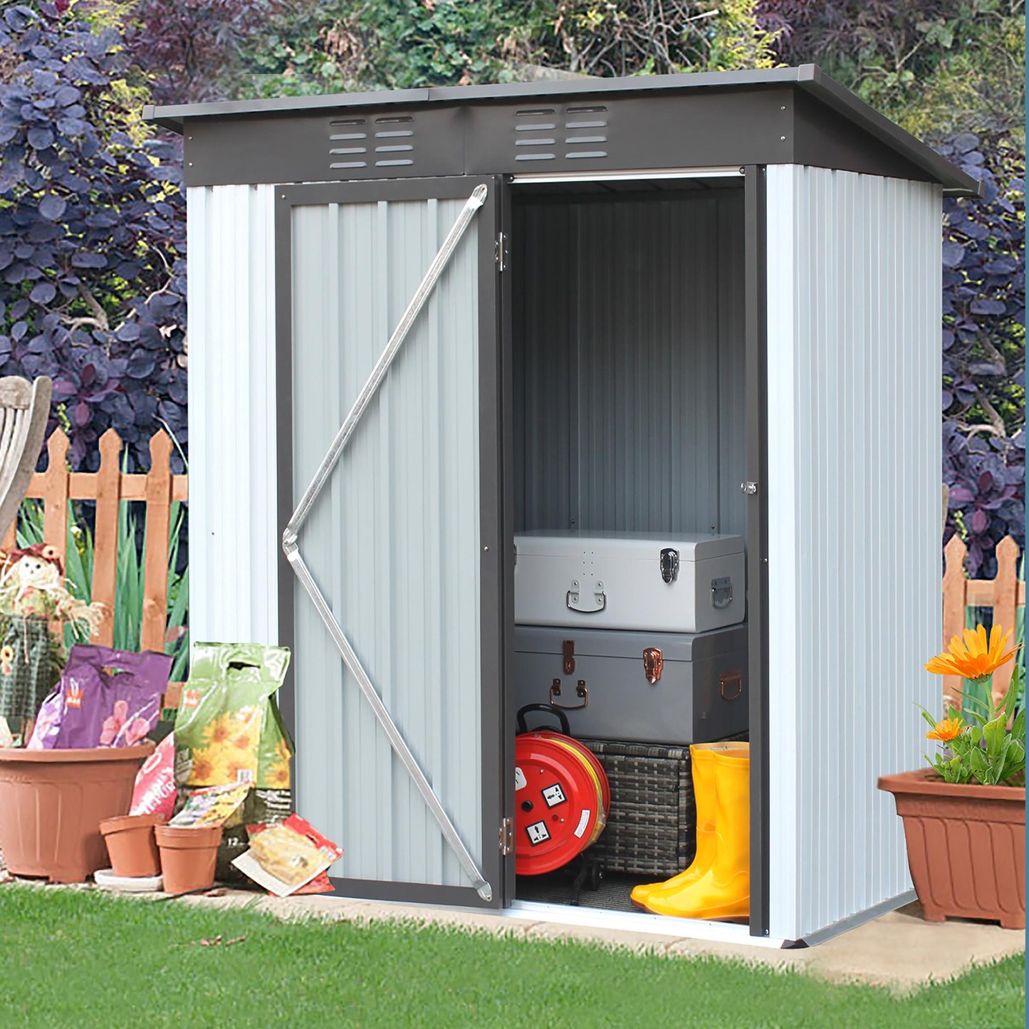 5 X 3 Ft Outdoor Storage Shed, Galvanized Metal Garden Shed With Lockable Doors, Tool Storage Shed