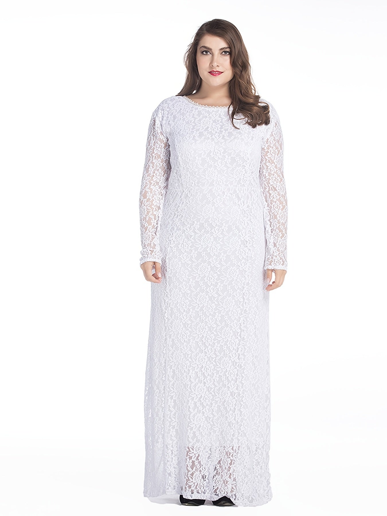 Plus Size Contrast Lace Round Neck Dress, Women's Plus Elegant Wedding Bridal Long Dress For Wedding