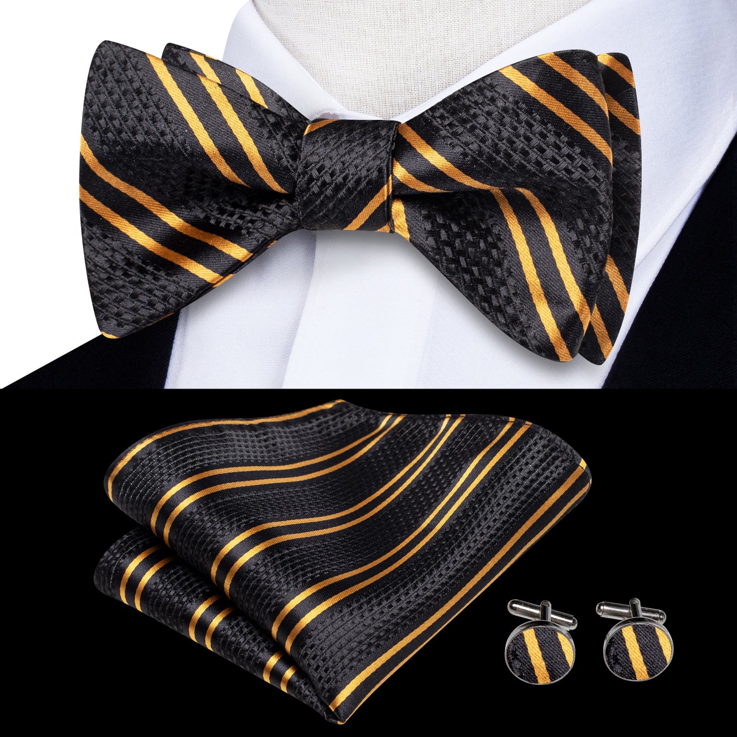 Men's Self Bow Ties Set Silk Necktie Bow Tie And Pocket Square Cufflinks Set Gift Box Packing