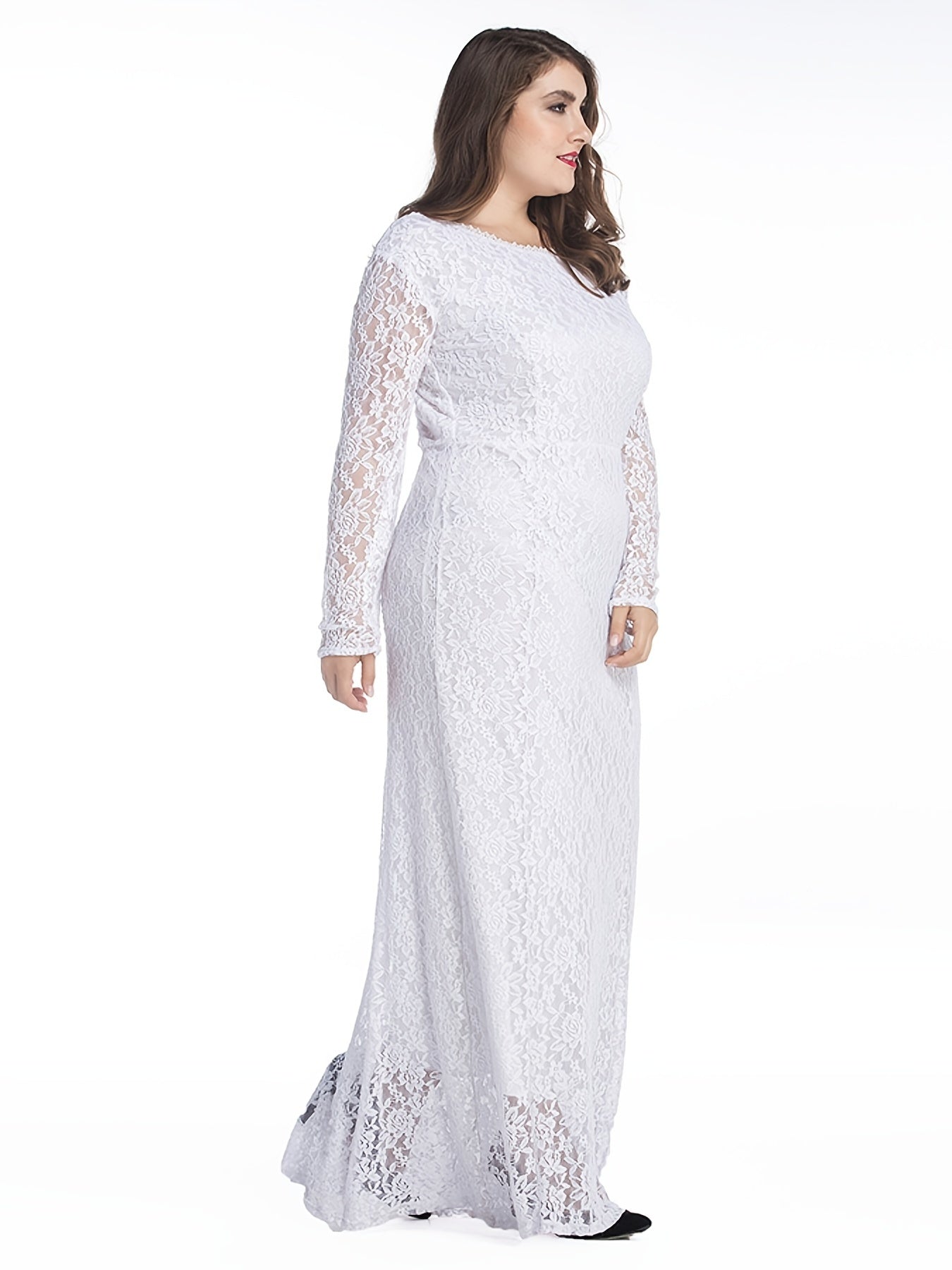 Plus Size Contrast Lace Round Neck Dress, Women's Plus Elegant Wedding Bridal Long Dress For Wedding