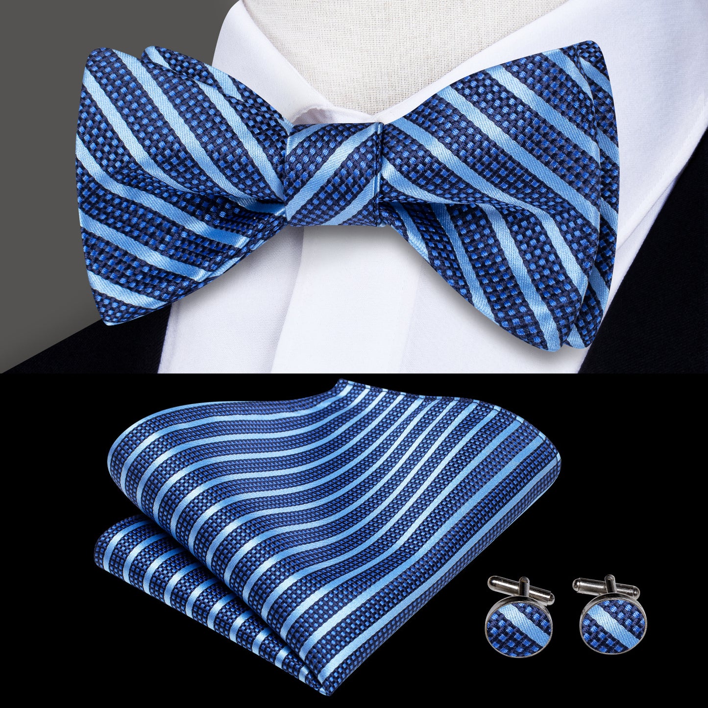 Men's Self Bow Ties Set Silk Necktie Bow Tie And Pocket Square Cufflinks Set Gift Box Packing