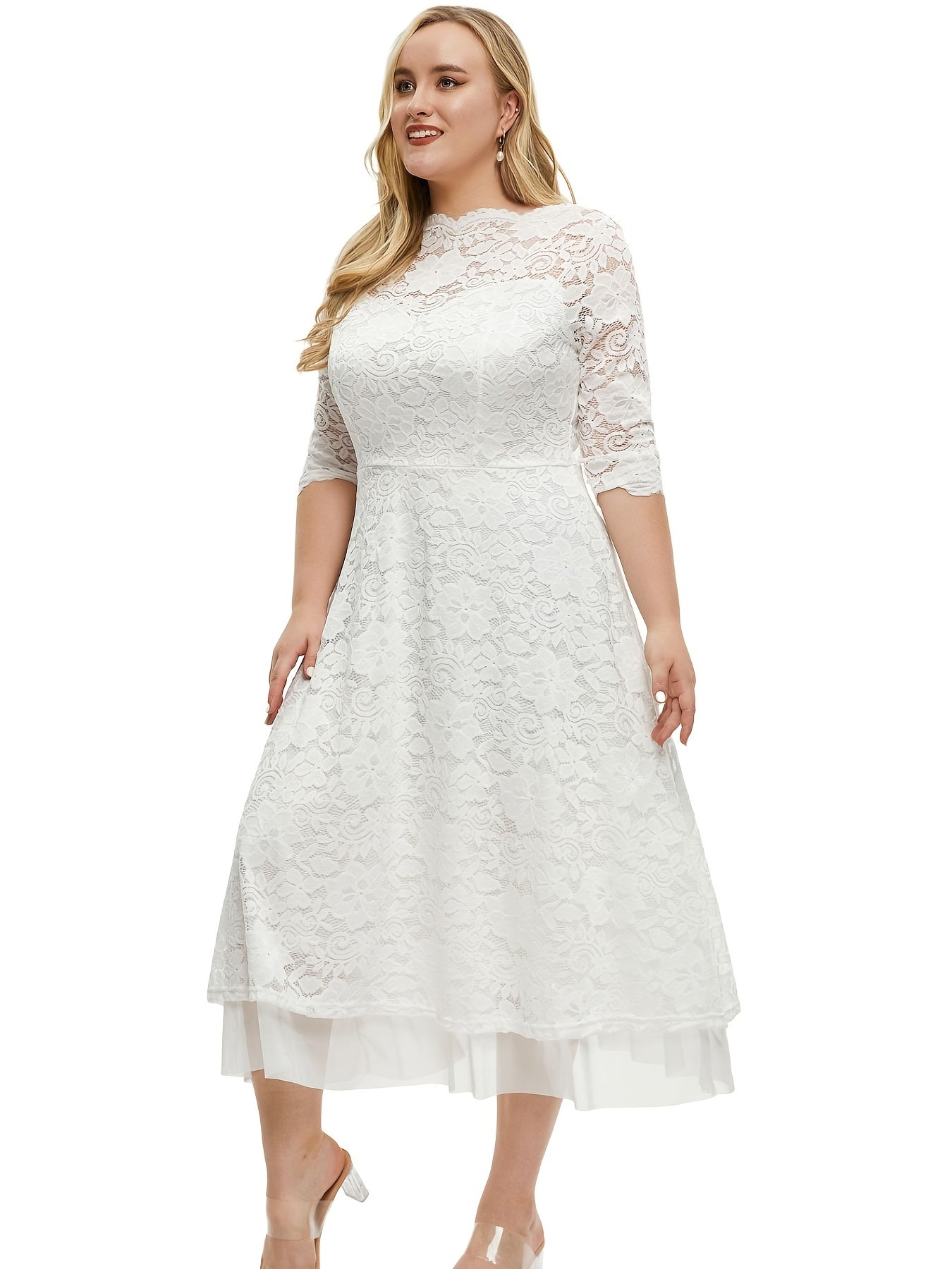 Plus Size Floral Print Contrast Mesh Half Sleeve Midi Dress, Women's Dress For Wedding