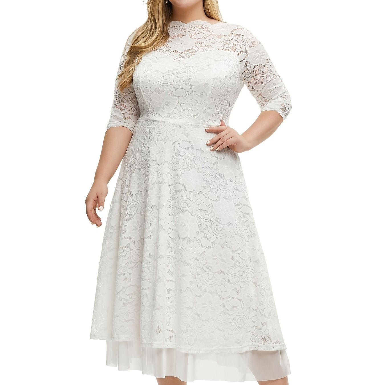 Plus Size Floral Print Contrast Mesh Half Sleeve Midi Dress, Women's Dress For Wedding