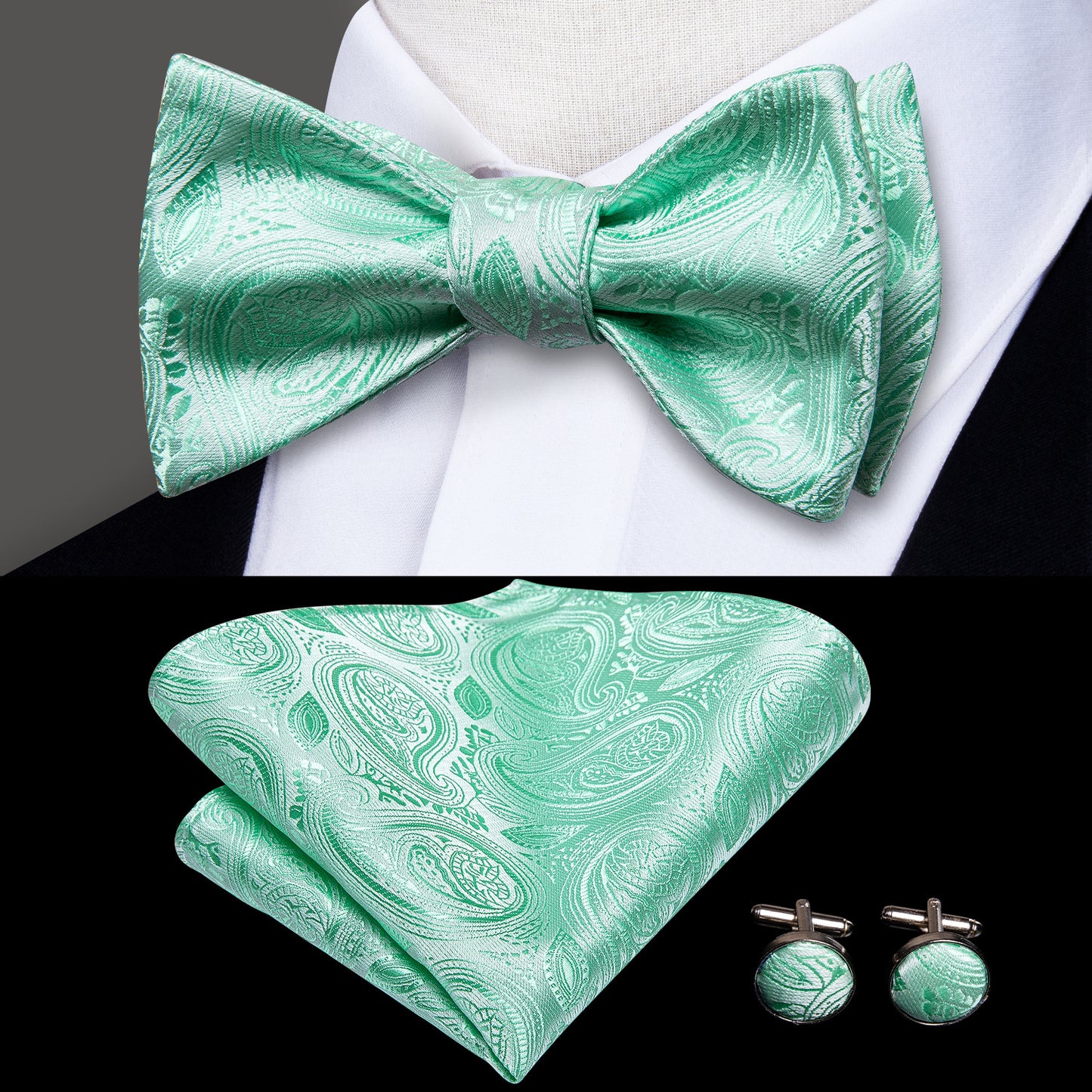 Men's Self Bow Ties Set Silk Necktie Bow Tie And Pocket Square Cufflinks Set Gift Box Packing