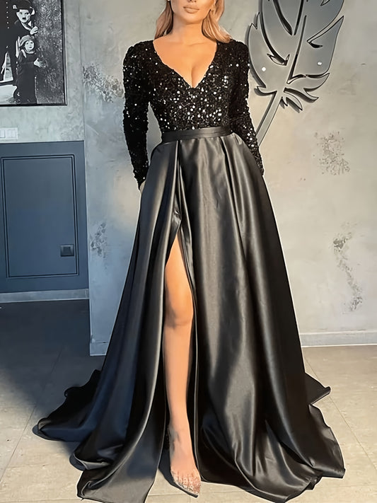 Sequin Prom Dress, Ball Gowns Formal Dress, Long Sleeve Evening Gown With Slit Satin Dress, Women's Clothing