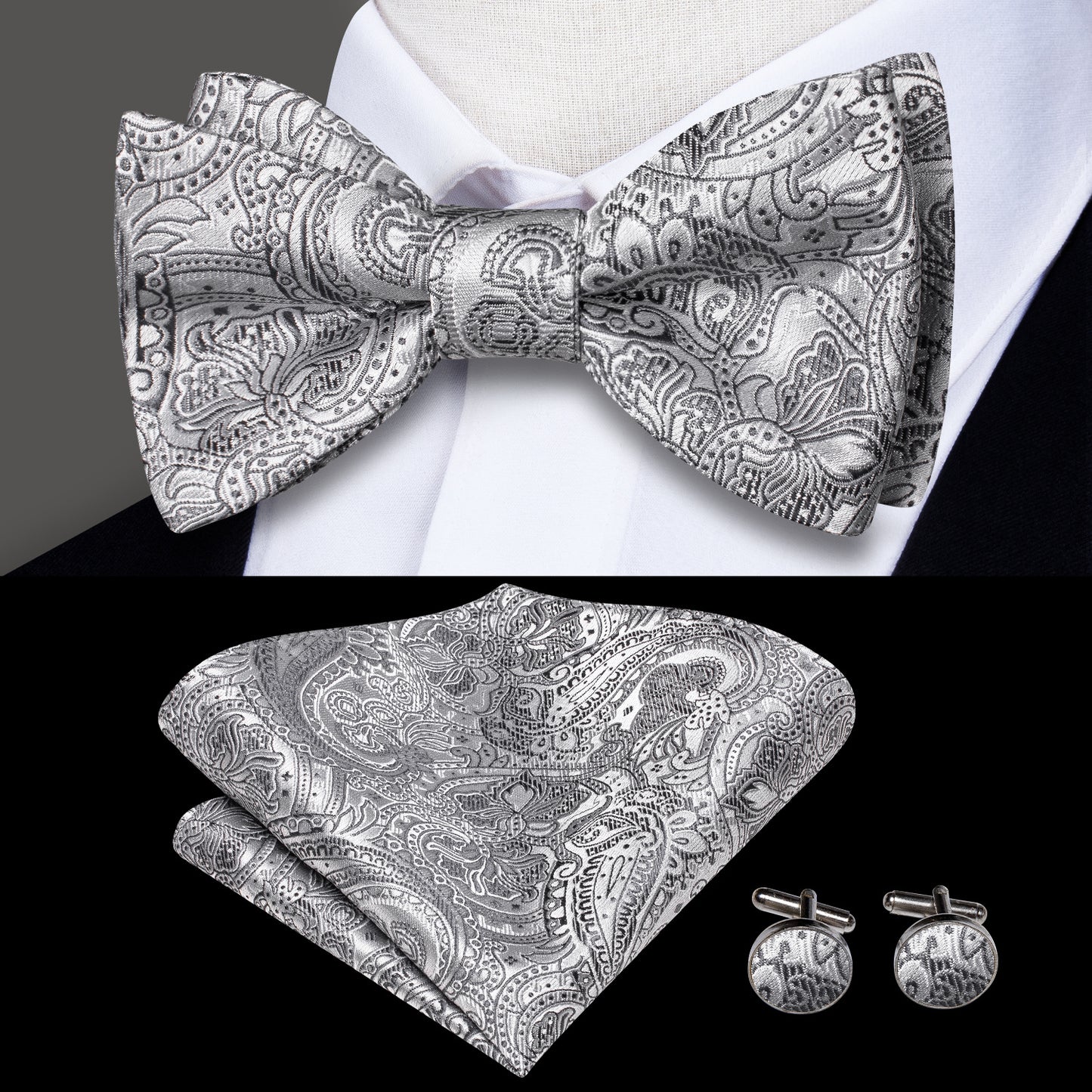 Men's Self Bow Ties Set Silk Necktie Bow Tie And Pocket Square Cufflinks Set Gift Box Packing