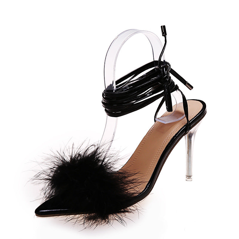 Women's Ankle Lace Up Fluffy Feather High Heels, Cross Strap Solid Color Stiletto Heels, Sexy Party Sandals