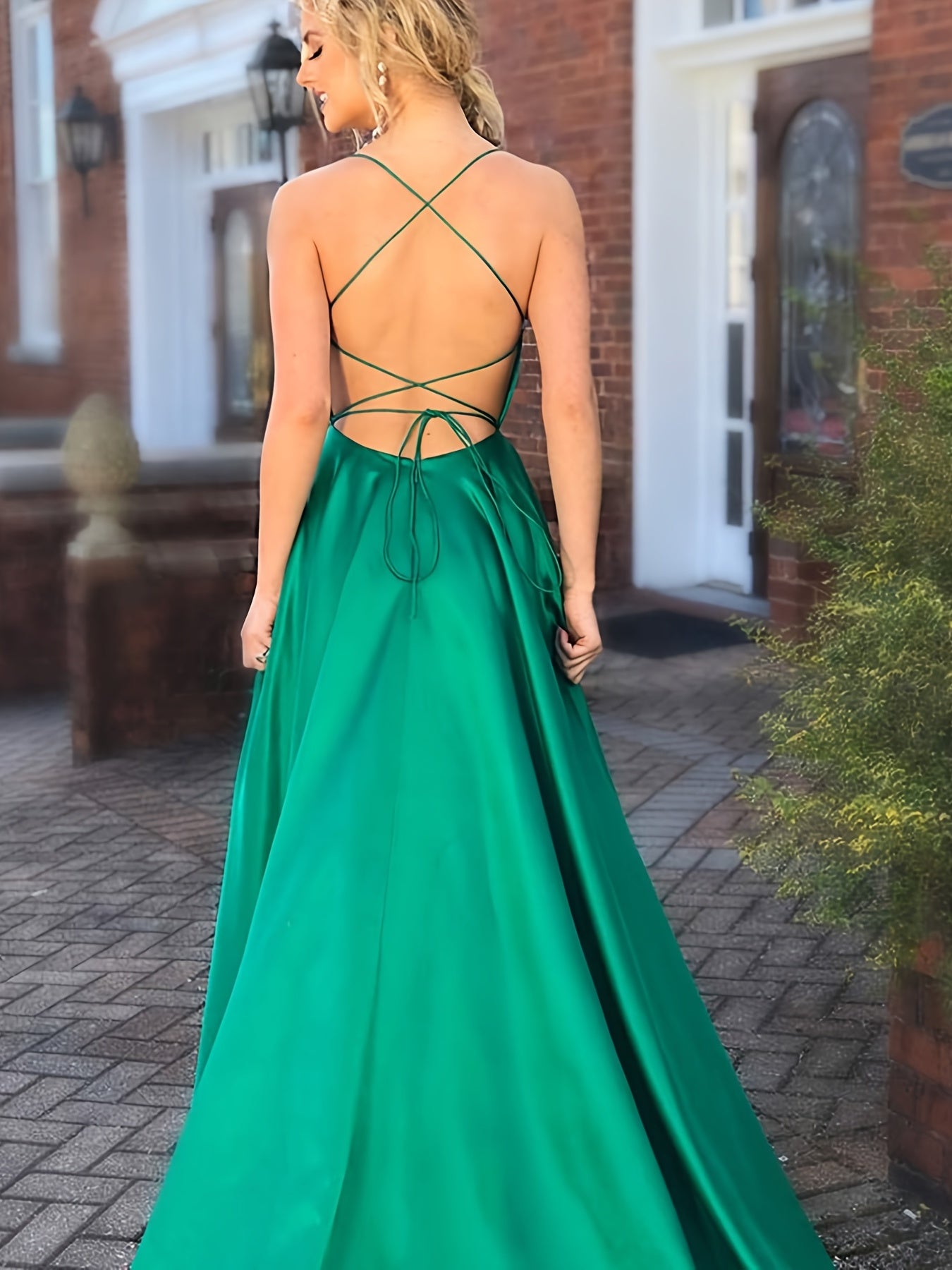 Spaghetti Straps Satin Prom Dress, Long With Slit Formal Evening Dresses Ball Gown With Pockets, Prom Dress