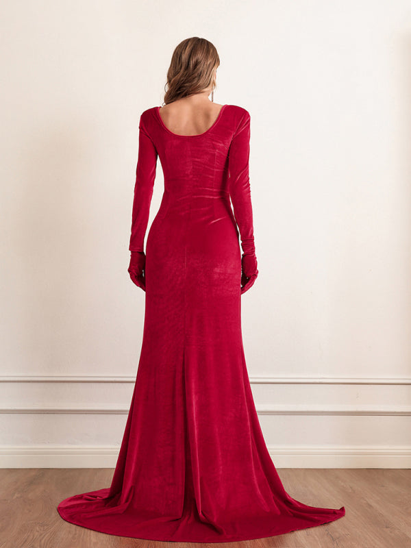 Women’s Long Sleeve Velvet Wrap Maxi Dress With Sweetheart Neckline
