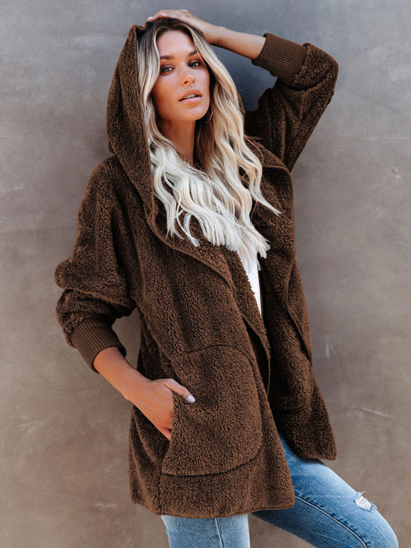 Women’s Open Front Sherpa Hoodie With Side Pockets