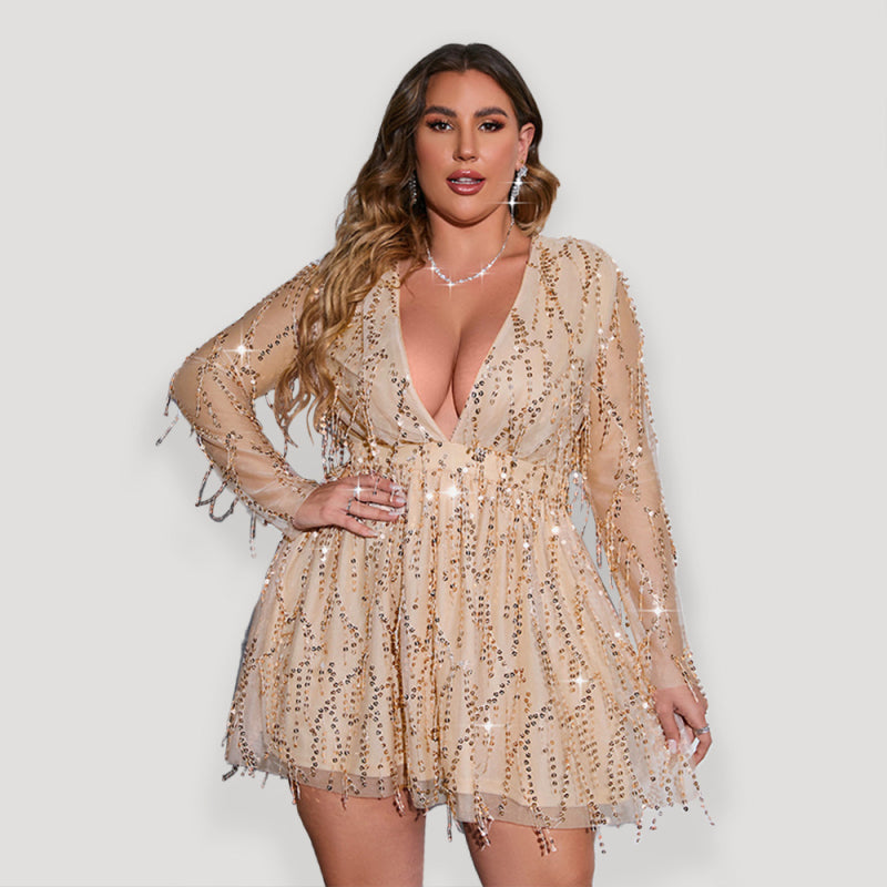 Women's Solid Color Plus Size Deep V Neck Lace Sleeve Embroidered Sequin